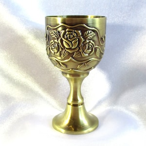 Mini brass altar chalice, approx. 3-1/4&quot; tall with a rose motif, cordial size wine goblet, #20343