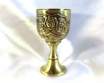 Mini brass altar chalice, approx. 3-1/4" tall with a rose motif, cordial size wine goblet, #20343