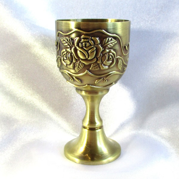 Mini brass altar chalice, approx. 3-1/4" tall with a rose motif, cordial size wine goblet, #20343