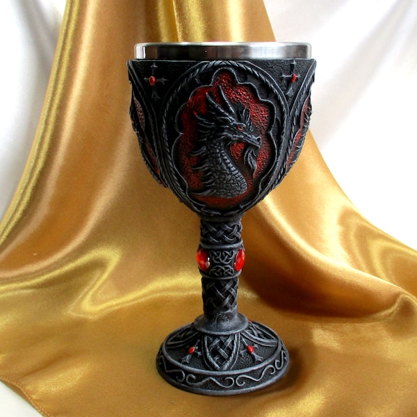 Altar chalice with dragon, 7-1/4" tall, resin with removable stainless steel cup insert #20255