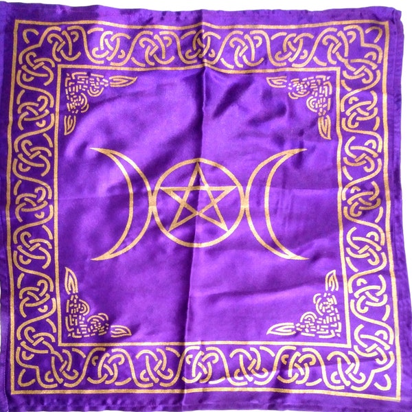 Triple moon altar cloth, purple satin with gold print, 20" x 20" #20508