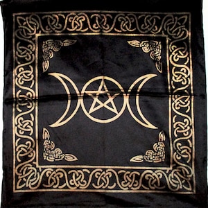 Black triple moon altar cloth, 20&quot; x 20&quot; with gold print  #20046