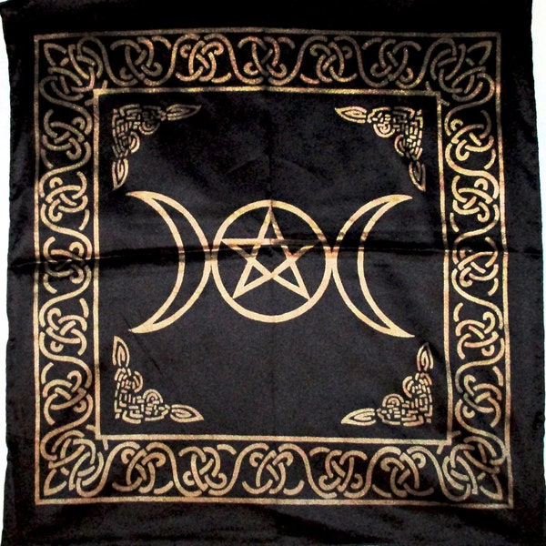 Black triple moon altar cloth, 20" x 20" with gold print  #20046