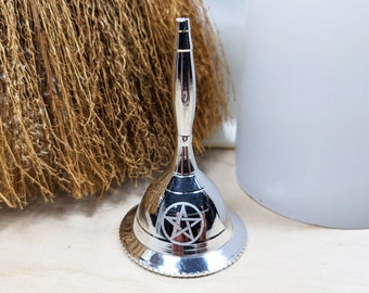 Altar bell, silver plated ritual bell with pentacle design, 2-3/4" tall, #11102