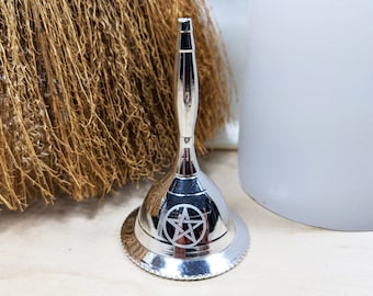 Silver Altar Bell with Pentacle – Ritual Bell, Ceremonial Bell, Mini Bell, Wiccan Altar Bell, Small Witch Bell, 2-3/4&quot; tall, #11102