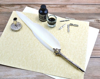 Feather quill pen with antiqued silver embossed handle, includes matching pen stand and 6 writing nibs, #20879