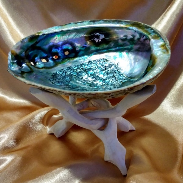 Abalone shell smudge bowl with carved wood stand, incense burner