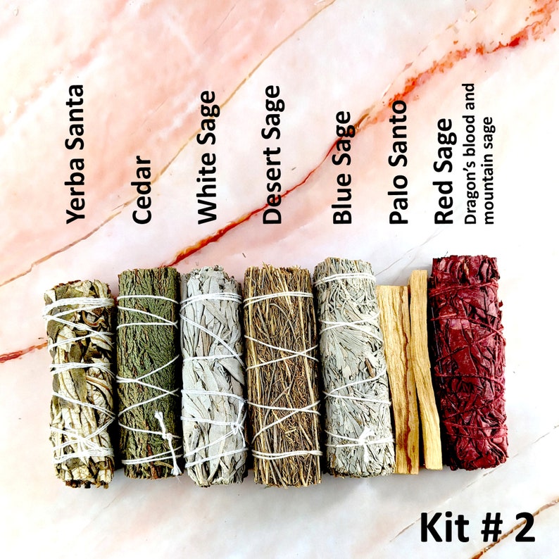 Smudge kit with white sage, red sage, lavender, cedar, mugwort, blue sage, yerba santa, palo santo, desert sage and more Kit # 2, #20949