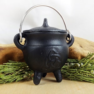 Cast iron cauldron with embossed triquetra, handle and lid, 3&quot; tall, 2-3/4&quot; diameter, for smudging, incense burning and ritual, #20437