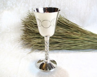 Altar chalice with triple moon design, 4.75 inches tall, silver plated, choice of engraved or etched symbol