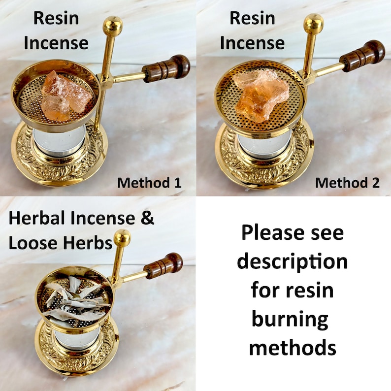 May include: A brass incense burner with a removable top and a wooden handle. The burner is shown with two different methods for burning incense: resin and loose herbs. The text "Resin Incense", "Method 1", "Method 2", "Herbal Incense & Loose Herbs", and "Please see description for resin burning methods" is visible in the image.