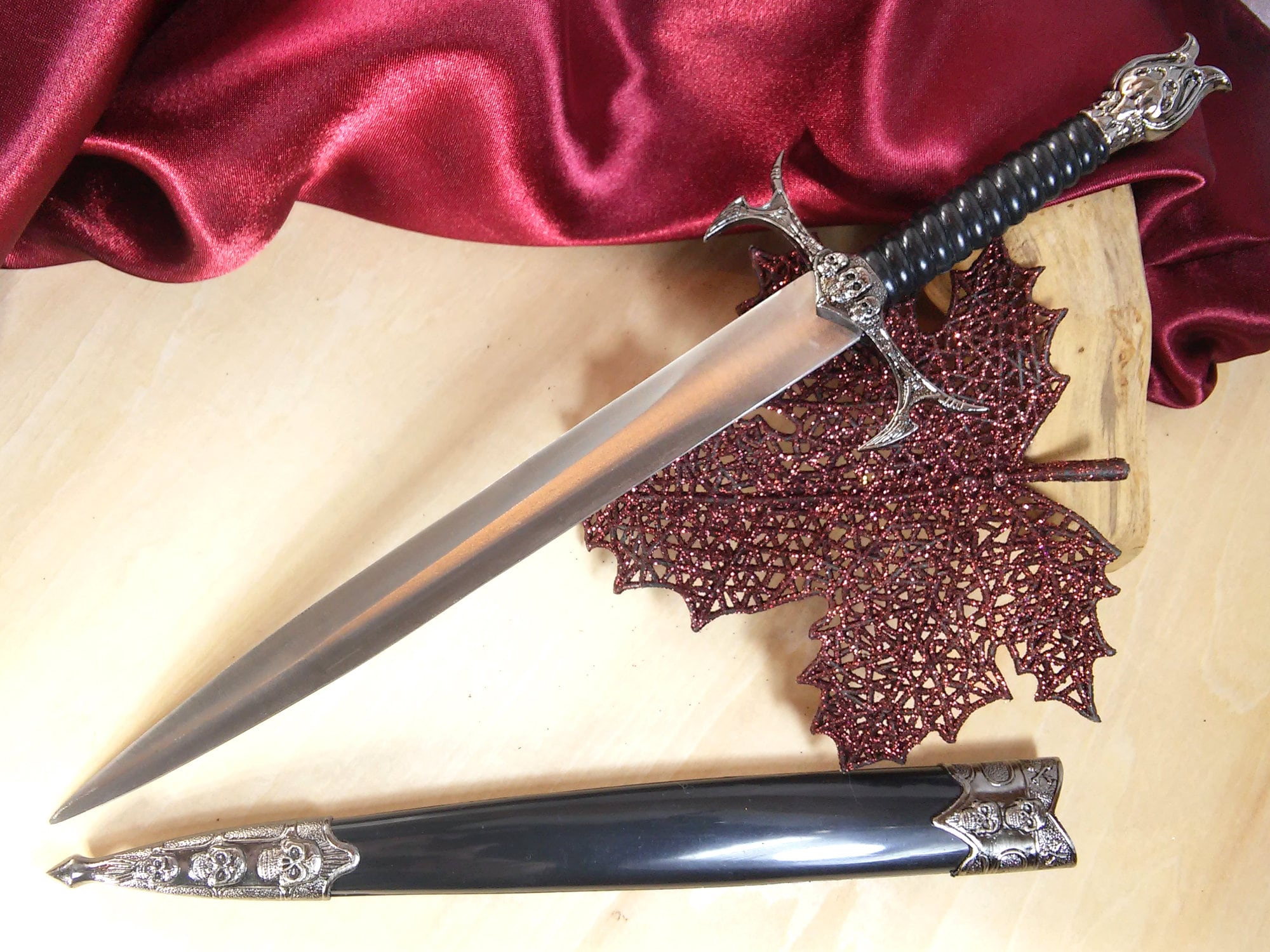 Black altar athame, adorned with skulls, matching sheath, ritual dagger with antique silver finish, 12-1/2" #20368