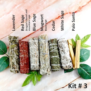 Smudge kit with white sage, red sage, lavender, cedar, mugwort, blue sage, yerba santa, palo santo, desert sage and more Kit #3, #20954