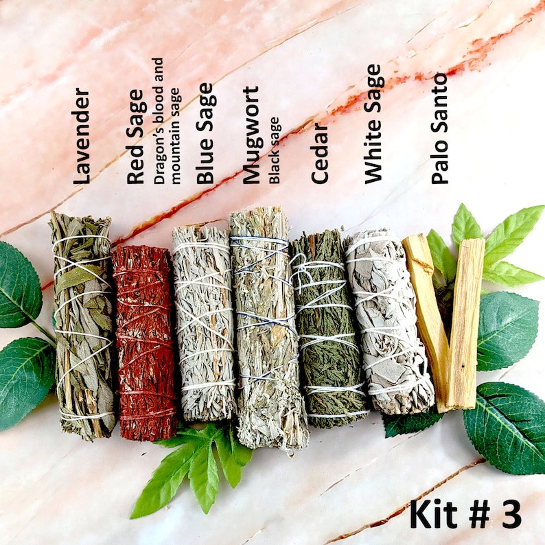 Smudge kit with white sage, red sage, lavender, cedar, mugwort, blue sage, yerba santa, palo santo, desert sage and more Kit #3, #20954