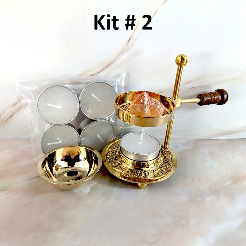 May include: Brass incense burner kit with a handle, a small bowl, and a pack of tea lights. The burner has a metal mesh and a small candle holder. The kit is labelled "Kit #2".
