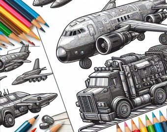 Coches Camiones Aviones Trenes Barcos Automóvil Viajes Hojas para colorear imprimibles Descarga instantánea 50 páginas para colorear Niños Adolescentes Adultos