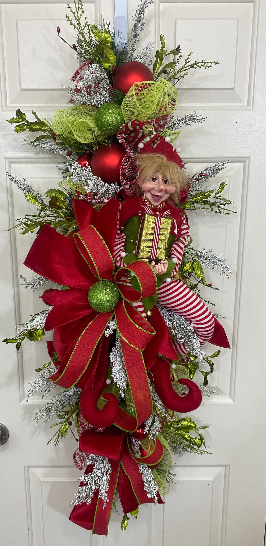 Christmas Elf Door Swag Front Door Christmas Swag With Elf Etsy