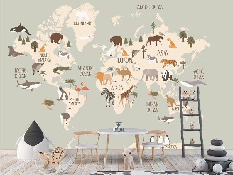 Kids Wallpaper World Map Nursery Wallpaper World Animals Etsy