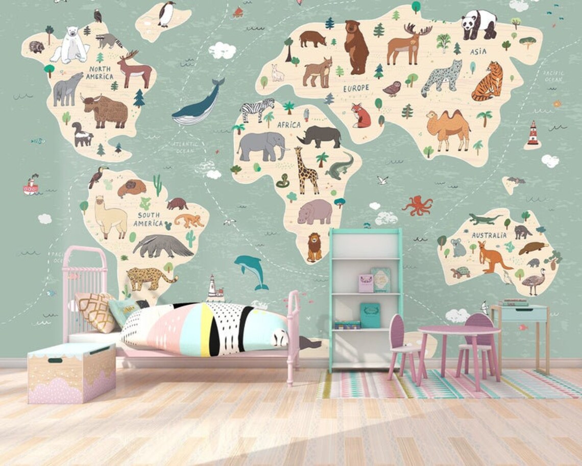 Kids Wallpaper World Map Nursery Wallpaper World Animals Etsy