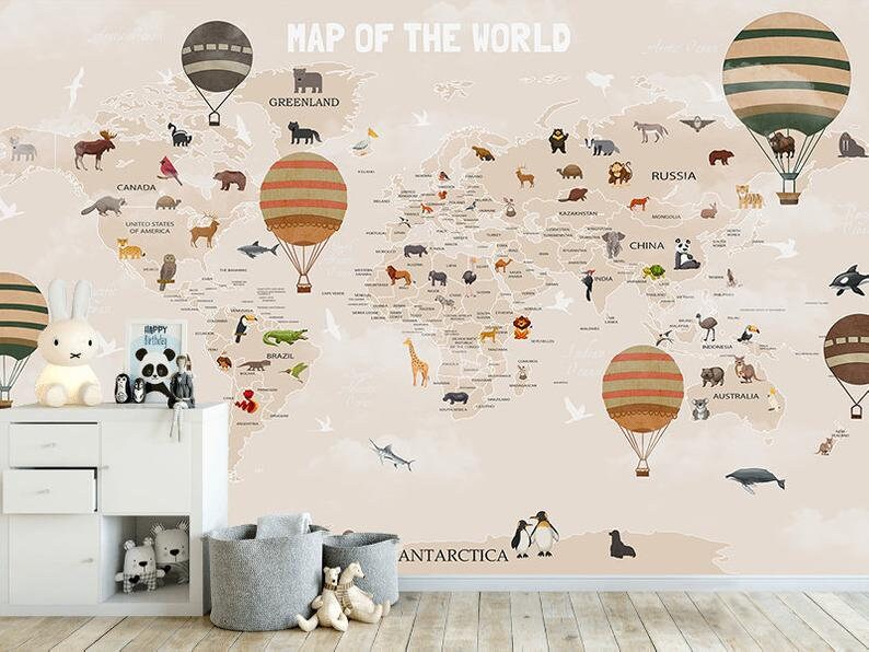 Kids Wallpaper World Map Nursery Wallpaper World Animals Etsy