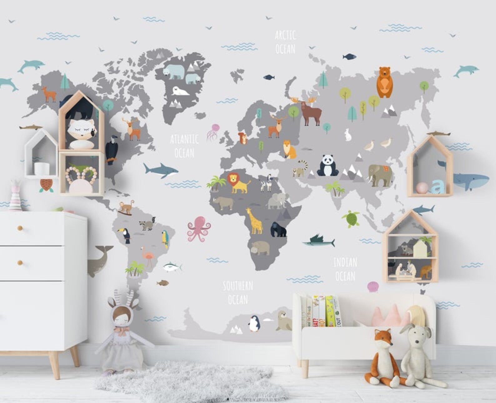 Kids Wallpaper World Map Nursery Wallpaper World Animals Etsy
