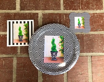 Greek Key/Striped/Moroccan Flower Topiary Paper Plate Set