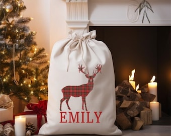 Personalised Tartan Stag Christmas Santa Sack | Present Sack | Father Christmas Sack