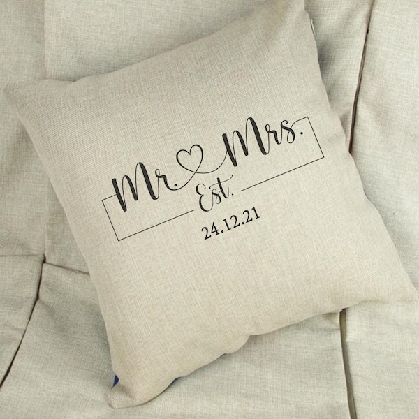 Personalised Date Mr And Mrs Linen White Cushion Cover, Wedding & Anniversary Gift, Home Decor, Personalized Gift
