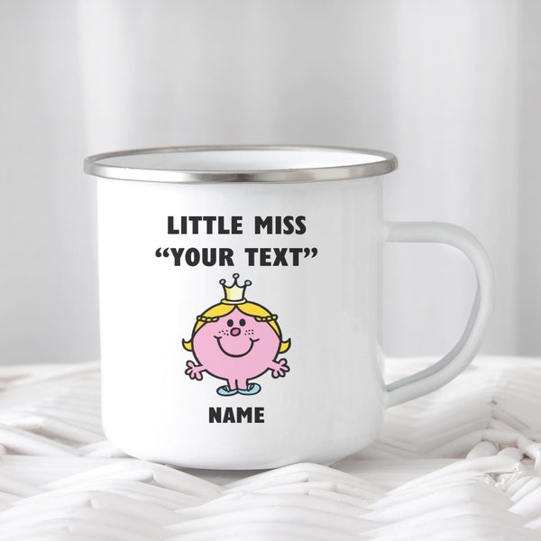 Mr Men Little Fräulein inspiriert Emaillebecher & Untersetzer | Herr Männer personalisierte Zinnbecher | Kleine Fräulein personalisierte Tasse | Neuheit Tassen | Camping Becher