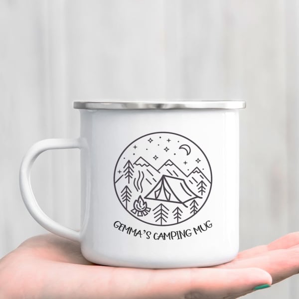 Personalised Camping Mug | Enamel Mug | Enamel Camping Tin Mug | Personalised Camping Scene Mug