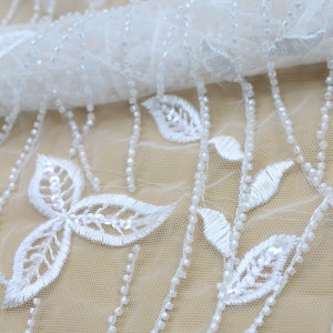 3D Beaded Lace Fabric, Tulle Embroidery Lace Fabric for Wedding Dress, Mesh Sequin Lace Fabric By The Yard