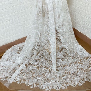 Embroidered Lace Fabric with Transparent Sequin, Tulle Flower Lace Fabric for Wedding Dress, Bridal Veil Lace Gown Lace Fabric By The Yard