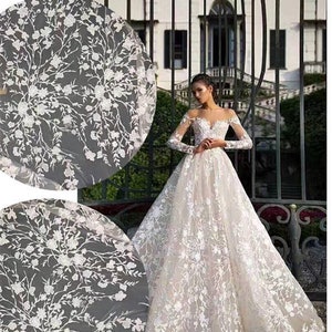Tejido de encaje floral exquisito, tela de encaje de bordado de tul para vestido de novia, tela de encaje de flor cortada a tamaño