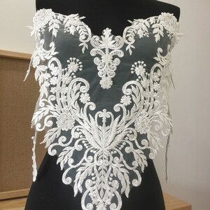 Heavy 3D Beaded Lace Applique, Tulle Embroidery Lace Applique for Wedding Dress, Bridal Bodice Lace, Floral Lace Applique By The Piece
