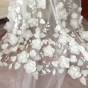 Beautiful 3D Flower Lace Fabric, Wedding Dress Fabric, Tulle Embroidery Lace, Heavy 3D Beaded Lace Fabric By The Yard