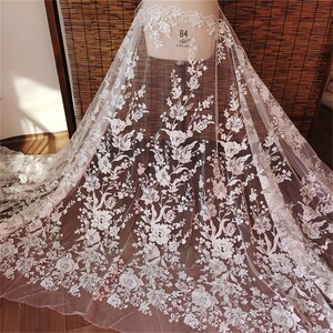 Floral Lace Fabric Bridal Lace Fabric, Wedding Dress Fabric Embroidery Lace, Tulle Sequin Lace Fabric By The Yard