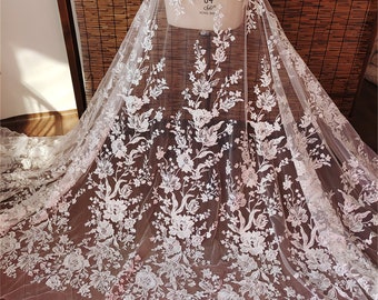 Floral Lace Fabric Bridal Lace Fabric, Wedding Dress Fabric Embroidery Lace, Tulle Sequin Lace Fabric By The Yard