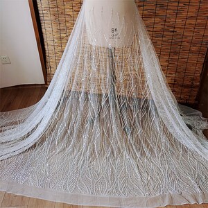 3D Beaded Lace Fabric, Tulle Embroidery Lace Fabric for Wedding Dress, Mesh Sequin Lace Fabric By The Yard
