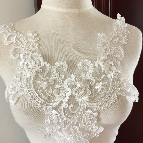 Elegant Corded Lace Applique, V-Neck Lace Collar, Tulle Embroidery Lace Applique for Wedding Dress, Floral Lace Applique By The Piece