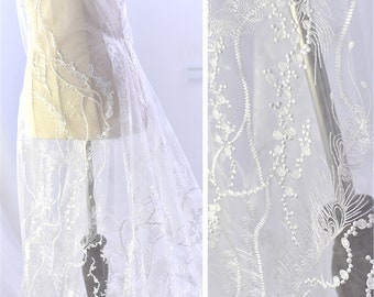 Tejido de encaje de bordado único, tela del vestido de novia, encaje del velo de la novia, encaje floral del tul, tela de encaje bordada cortada a medida