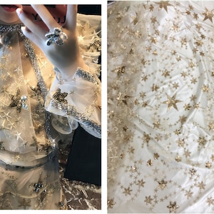 Tela de encaje de lentejuelas de alta calidad, tela de encaje de estrellas, tela de vestido de fiesta, encaje de vestido de noche, tela de encaje de bordado de tul cortado a tamaño