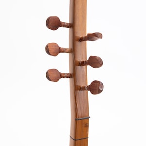 May include: Close-up of the headstock of a wooden stringed instrument. The instrument has six tuning pegs, each with a rounded, carved design. The wood has a warm, brown tone, and the strings are visible along the neck.