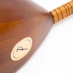 May include: Close-up of a wooden stringed instrument, likely a long-necked lute. The instrument has a dark brown body with a light brown neck and a decorative gold-colored emblem. The wood grain is visible, and the instrument appears to be well-crafted.