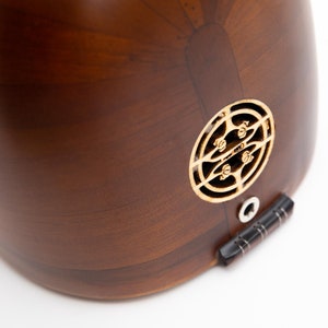 May include: Close-up of a wooden stringed instrument, likely a lute or oud, with a dark brown finish. The instrument features a decorative sound hole and a black bridge. The wood grain is visible, and the instrument appears to be well-crafted.