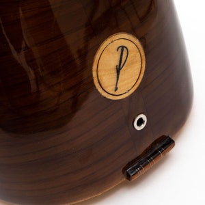 May include: Close-up of a dark brown wooden musical instrument with a circular inlay featuring the letter "P".