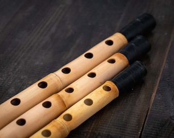 May include: Three bamboo flutes arranged diagonally, each featuring a light tan natural wood body with visible nodes and a series of circular finger holes. Each flute is finished with a solid black mouthpiece at the top end of the instrument.