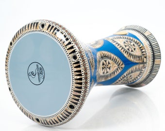 Handmade Egyptian Darbuka Drum, Blue Inlays, Professional Sombaty Model with Case and extra skin