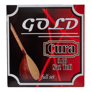 Può includere: Un set completo di corde Cura Gold 0.16 Saz Teli per un saz turco, un liuto a collo lungo e corpo rotondo. La confezione presenta un design rosso e nero con il nome del marchio e i dettagli del prodotto.