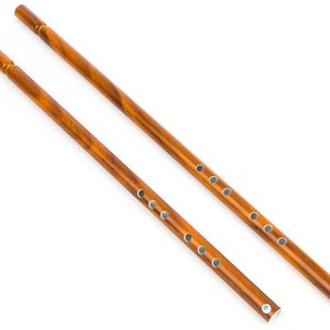 May include: Two wooden flutes with a rich brown finish and a series of circular finger holes. The flutes have a polished appearance, with metal accents at the ends. The instruments are angled against a white background.