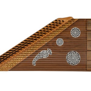 May include: A wooden santur, a trapezoidal stringed instrument. The instrument features a dark brown wooden body with decorative white inlay and a series of strings. The soundboard has three circular decorative inlays.